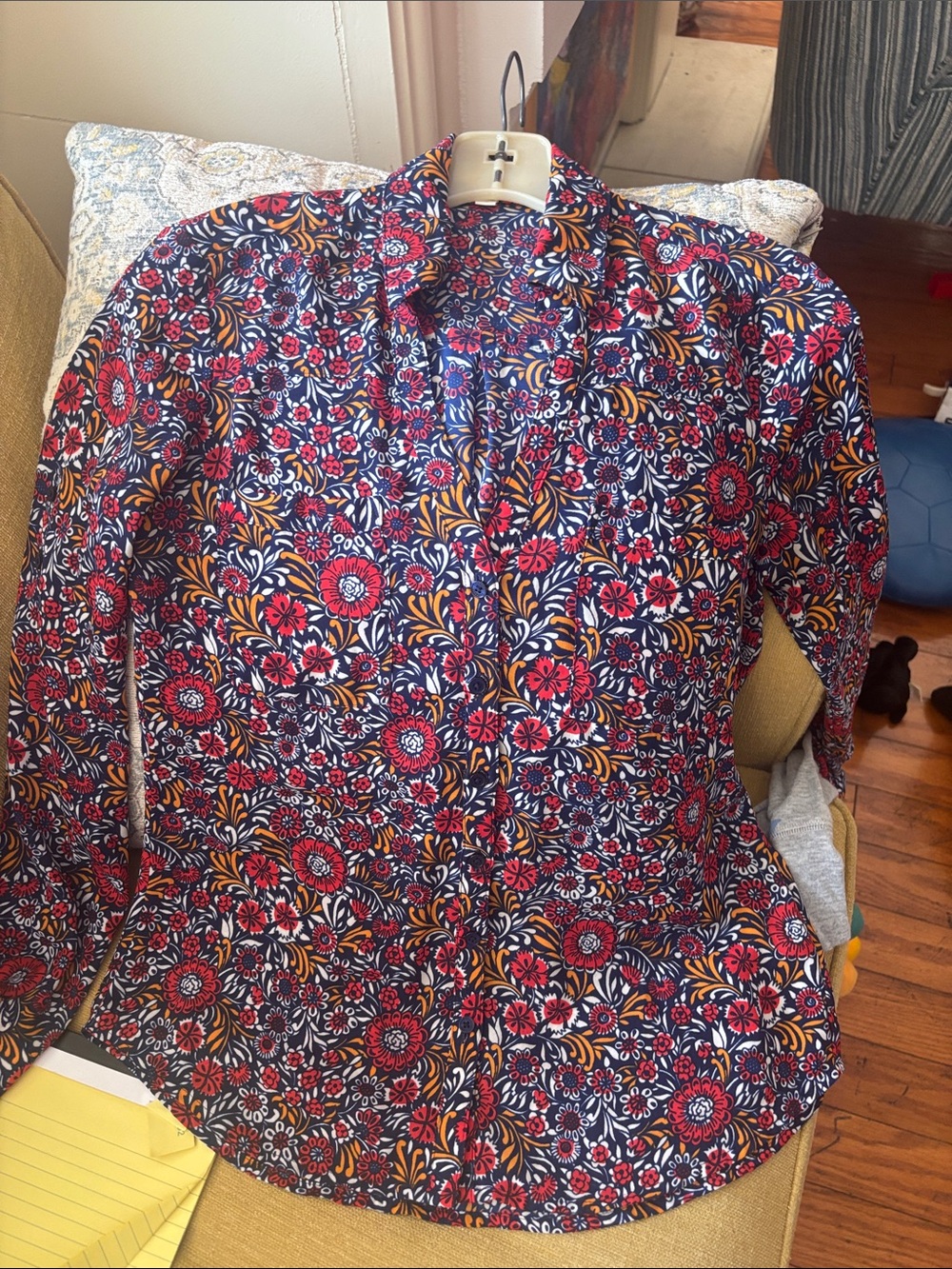 Express Womens Floral Blouse - Navy with Red & Mustard Accents